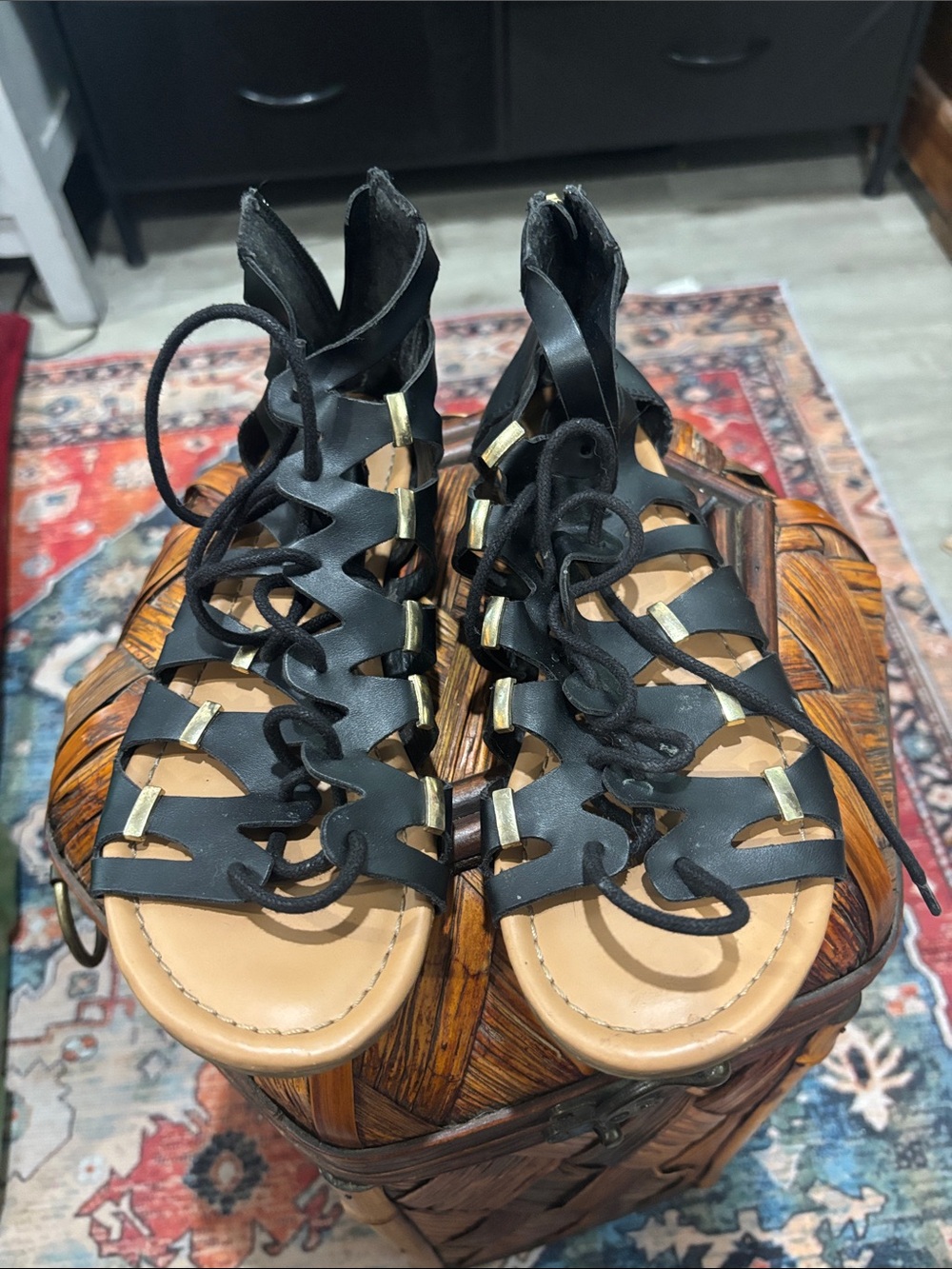 Women’s Steve Madden Black Lace-Up Gladiator Sandals with Gold Accents